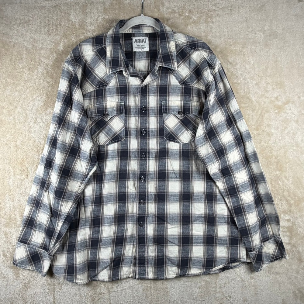 Ariat Mens XXL Retro Fit Western Plaid Long Sleeve Button Up Shirt Blue Beige
